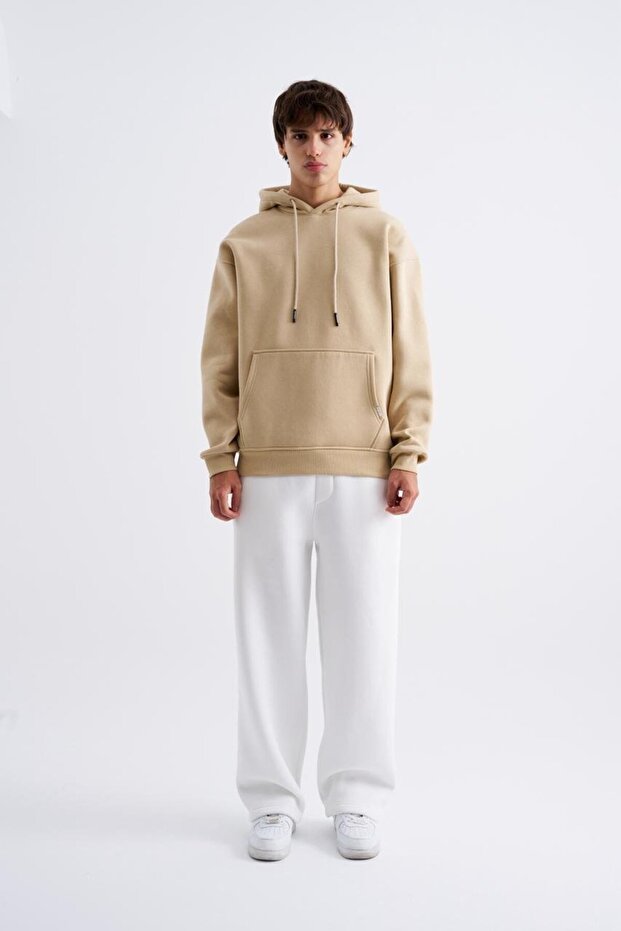 Erkek Basic Kapüşonlu Oversize Bej Sweatshirt - 3