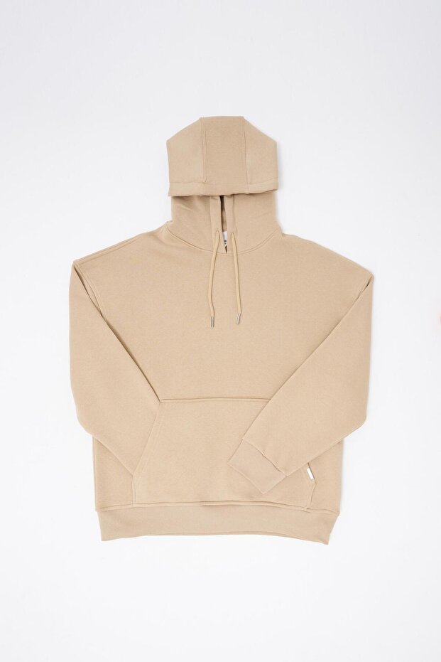 Erkek Basic Kapüşonlu Oversize Bej Sweatshirt - 6