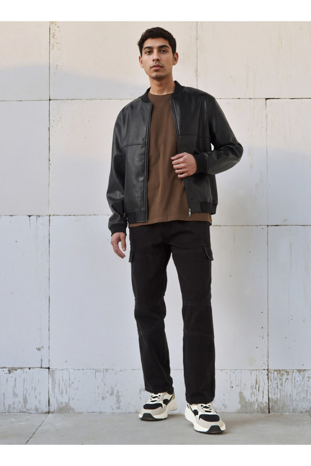 Men Regular Fit Zip Closure Bomber PU Jacket - 2