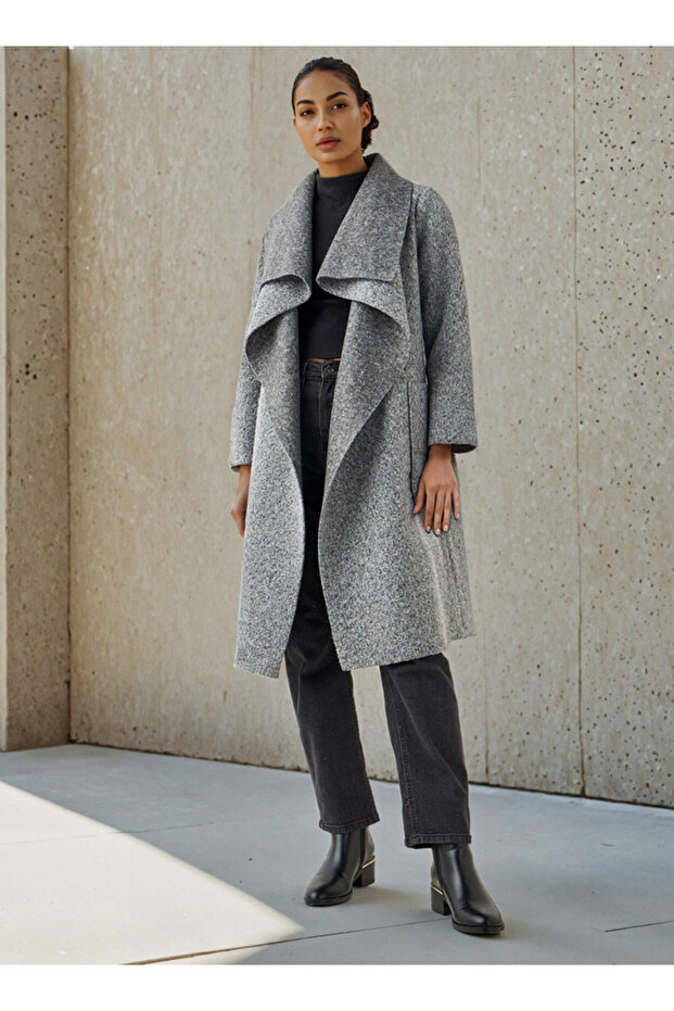 Knee Length Polyester Waterfall Collar Trench Coat - 2