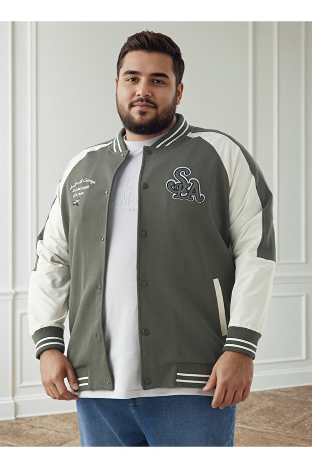 Men Plus Size Regular Fit Button Through Varsity Jacket - 1
