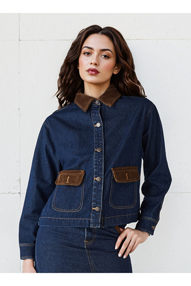 سترة جينز بياقة مخملية - 3