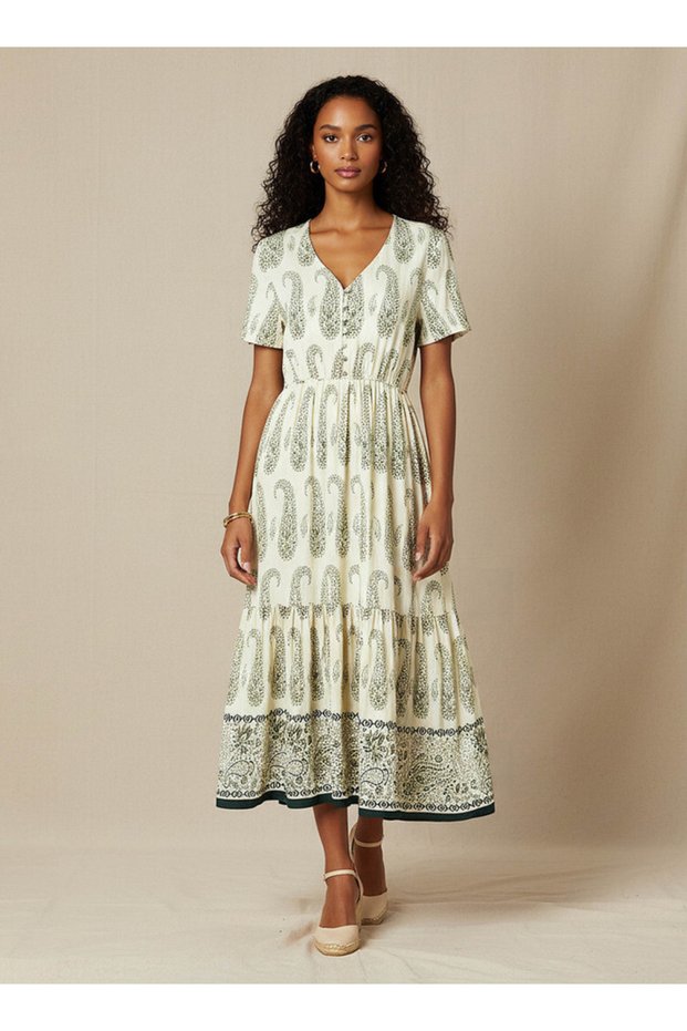 Paisley Print Tiered Women Dress with Short Sleeves