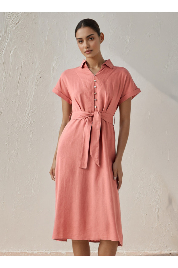 Shirt Midi Dress with Waist Tie-Up