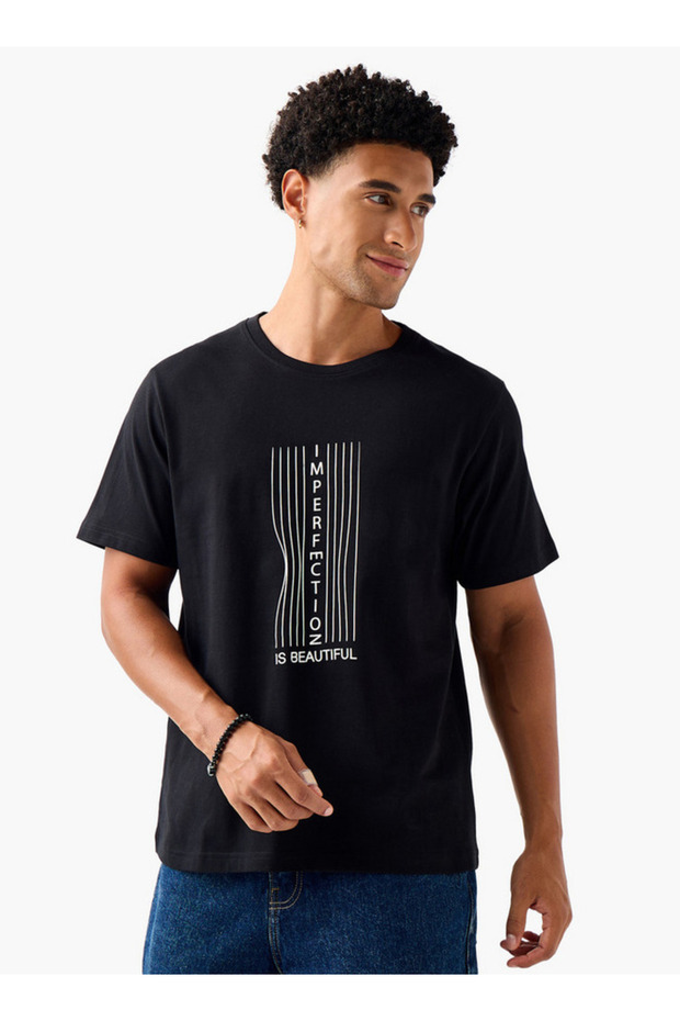 Men Regular Fit Crew Neck Short Sleeves Slogan Print T-shirt