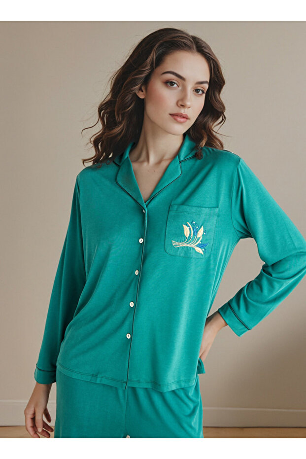 Long Sleeve Collared Pj Set - 2