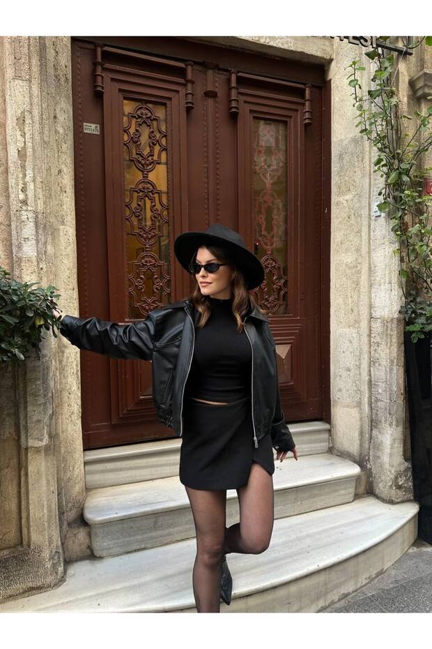 Yakalı Bomber Deri Ceket - 7