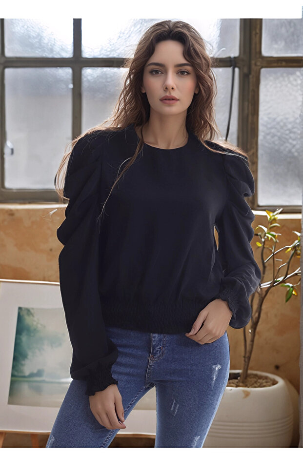 20343329 Sunshine Sleeve Pleated Skirt Gipeli Long Sleeve Blouse Black
