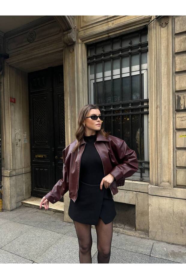 Bordo Bomber Deri Ceket - 5