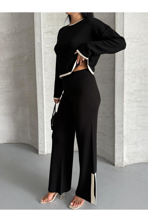 Crew Neck Crop Sweater Slit Trousers Knitwear Bottom-Top Set