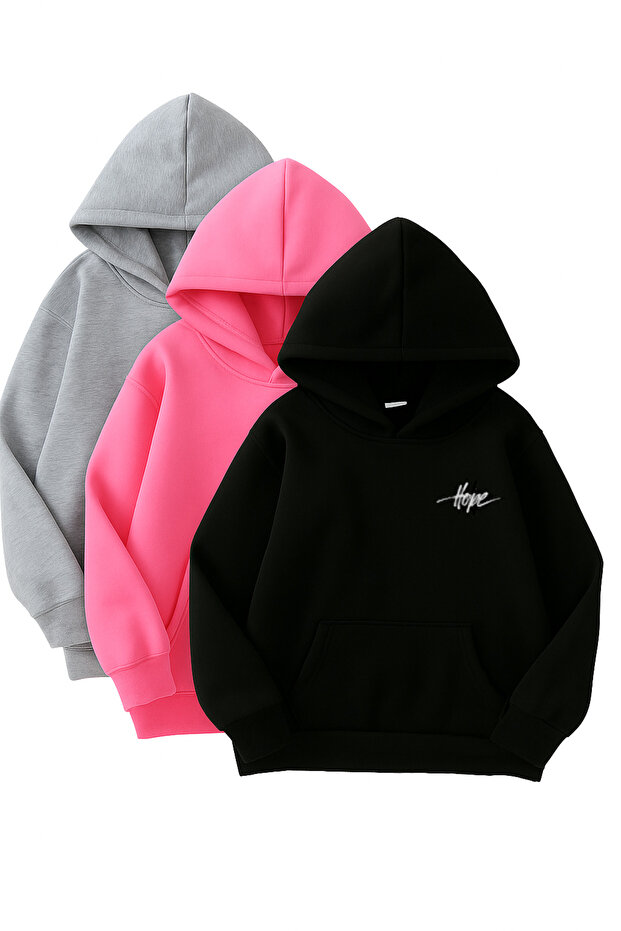 3-Piece Hooded Sweatshirt Set - Minimal Hope Printed - Black, Pink, Gray - Winter Brushed Inside Fabric
