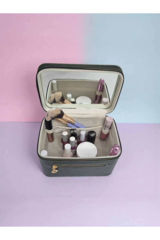 Makeup Bag with Mirror Leather Finish Cosmetic Organizer for Travel and Daily Use
