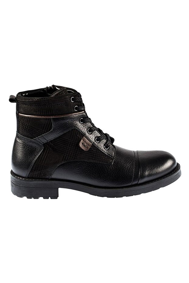 9513 Bağcıklı Siyah Hakiki Deri Kauçuk Taban Sıcak Astar Erkek Bot - 2