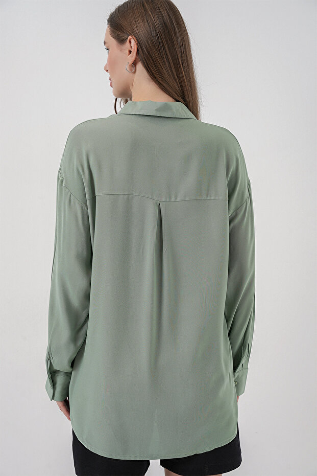 Kadın Oversize Viskon Gömlek 3785 - Çağla - 6
