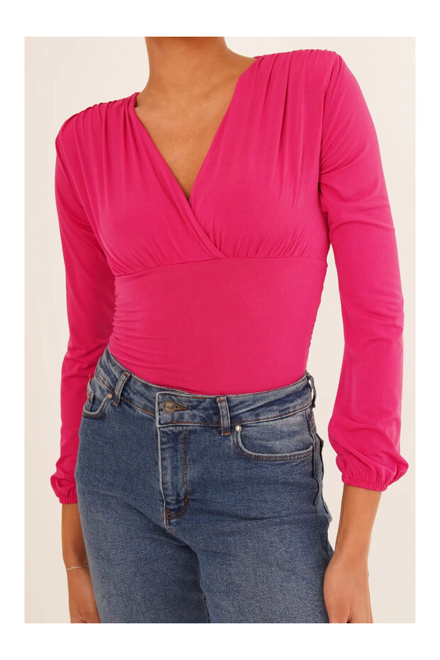 23254223 Sandy Double Breasted Collar Gathered Padded Long Sleeve Blouse FUSYA