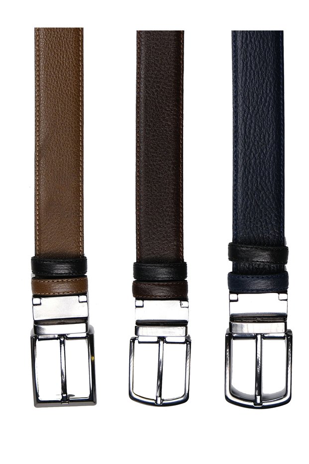 Genuine Leather Double-Sided 3.5 cm Men's Belt - 3 Pieces Black-Tan, Black-Brown, Black-Navy Blue)