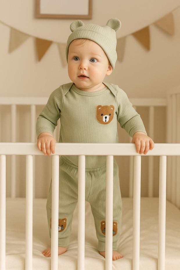 Organic Cotton 3-Piece Ribbed Fabric Baby Girl and Boy Children's Top and Bottom Pajama Set