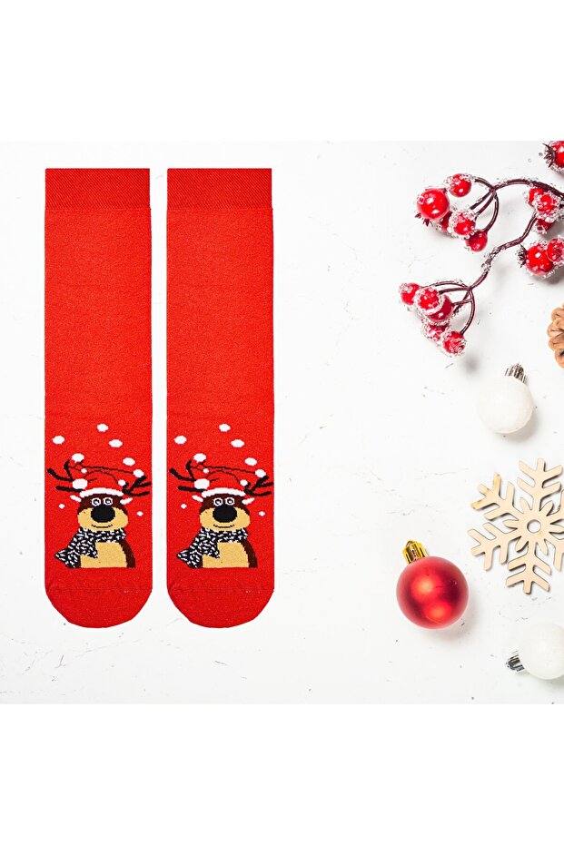 Red Deer Patterned Towel Socks - 1