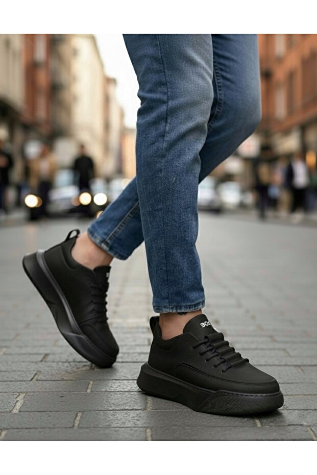BA0332 Ladder Pattern Lace Up Men's High Sole Black Skin Black Sole Sports Shoes