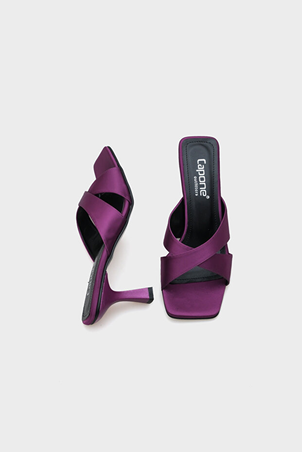 Mavis Blunt Toe keresztpántos homokóra sarkú szatén női papucs - 4