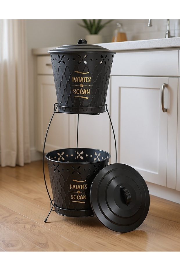 2 Tier Large Metal Potato Onion Bucket Black
