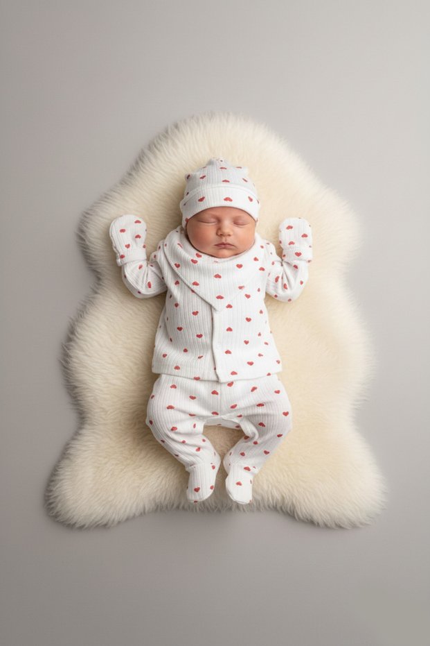 Baby Girl Red Little Heart Combed Cotton Hospital Release 5-Piece Set - Bodysuit, Organic Cotton, Soft