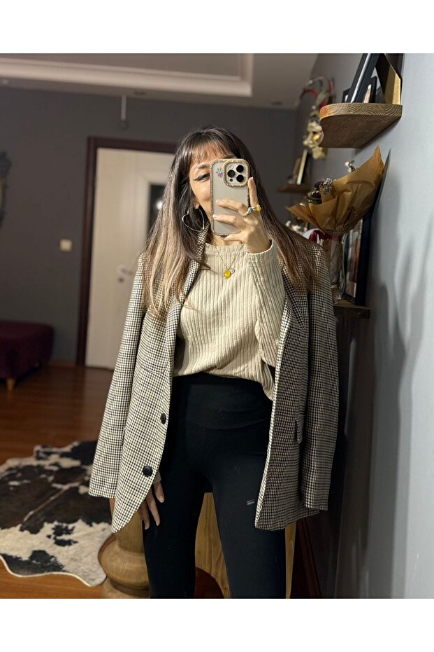 Houndstooth Patterned Blazer Jacket - 4