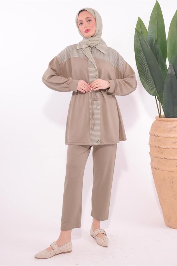 Women's Brown (Camel) Striped Pants Suit t 9074