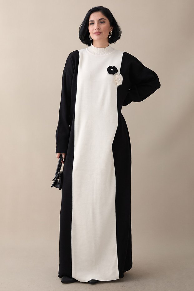 Flower Detail Double Color Black Knitwear Dress
