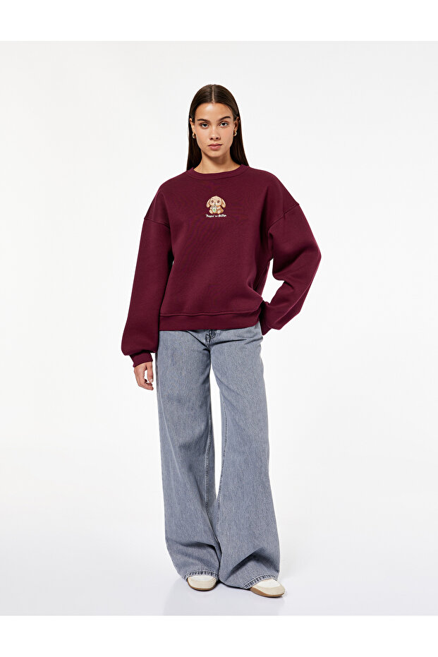 Fleece-Lined Long Sleeve Crew Neck Dog Embroidered Oversized Sweatshirt