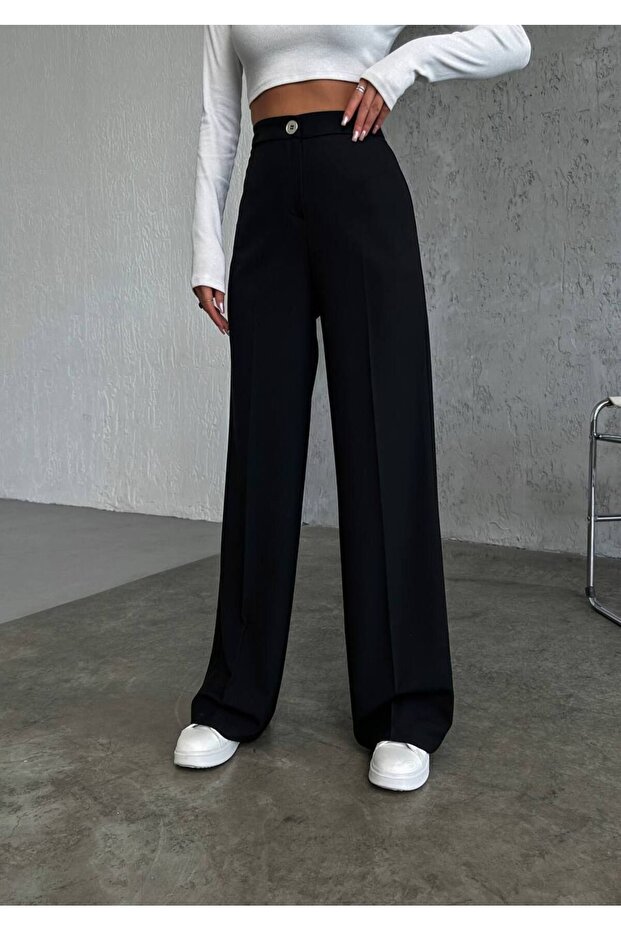 Women's Black High Waist Metal Button Detailed Palazzo Trousers