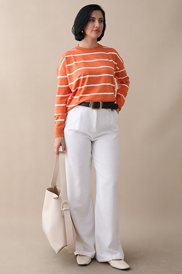Basic Çizgili Turuncu Triko Tunik - 5