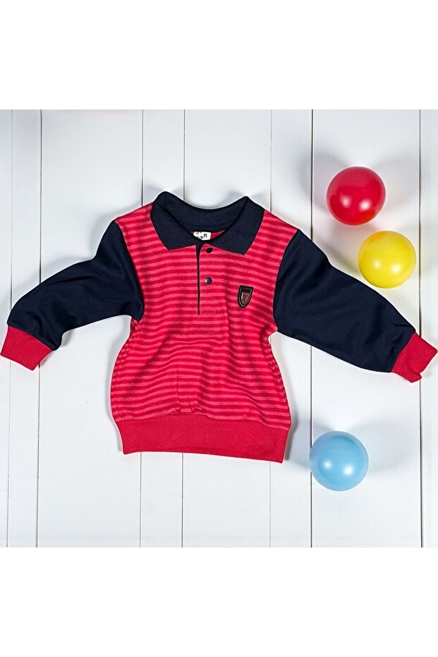 Stripe Textured Collar Knitted Sweatshirt Navy Blue