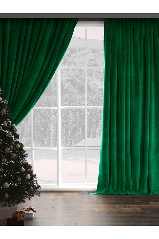 Velvet Textured Extrafor Gathered Pine Green High Quality Background Curtain Single Wing