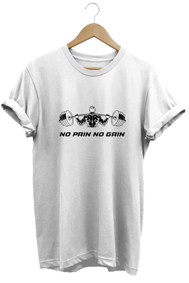 No Pain No Gain Fitness Dumbell Printed Basic 100% Cotton White T-Shirt
