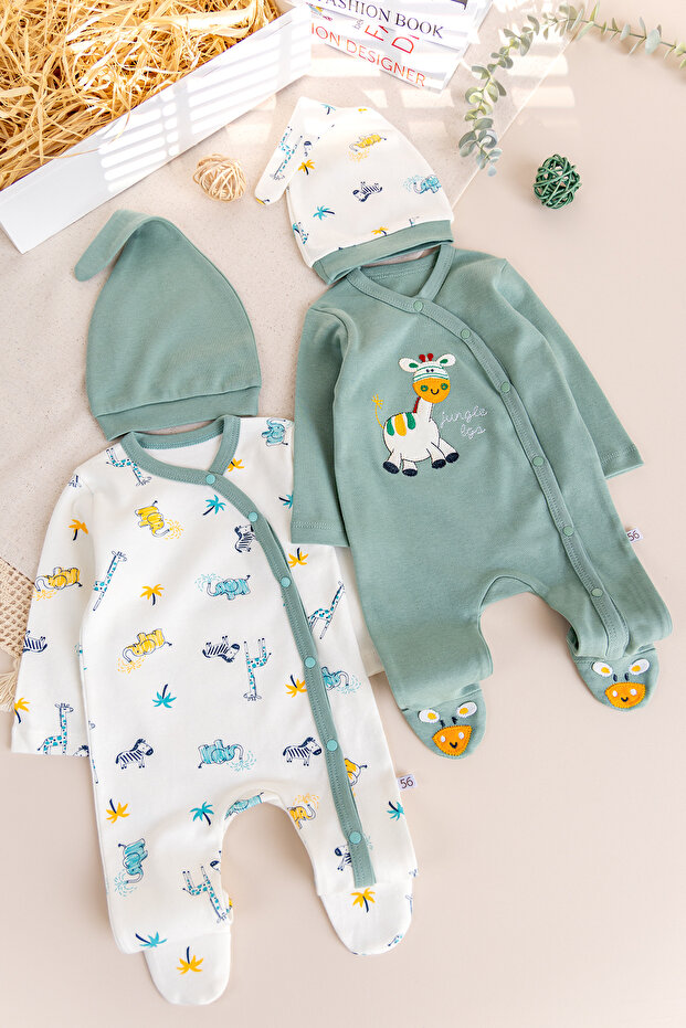 Long-Sleeve Giraffe-Figure Twin Baby Romper