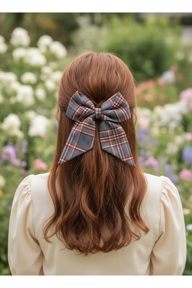 Burgundy Cream Navy Blue Plaid Handmade Automatic Bowknot Buckle, Adult Teen Girls Children Coffee Women's Buckle