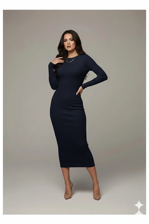 Women's Navy Blue Color Crew Neck Camisole Fabric Long Sleeve Dress Hijab Fit Length Cm135Cm