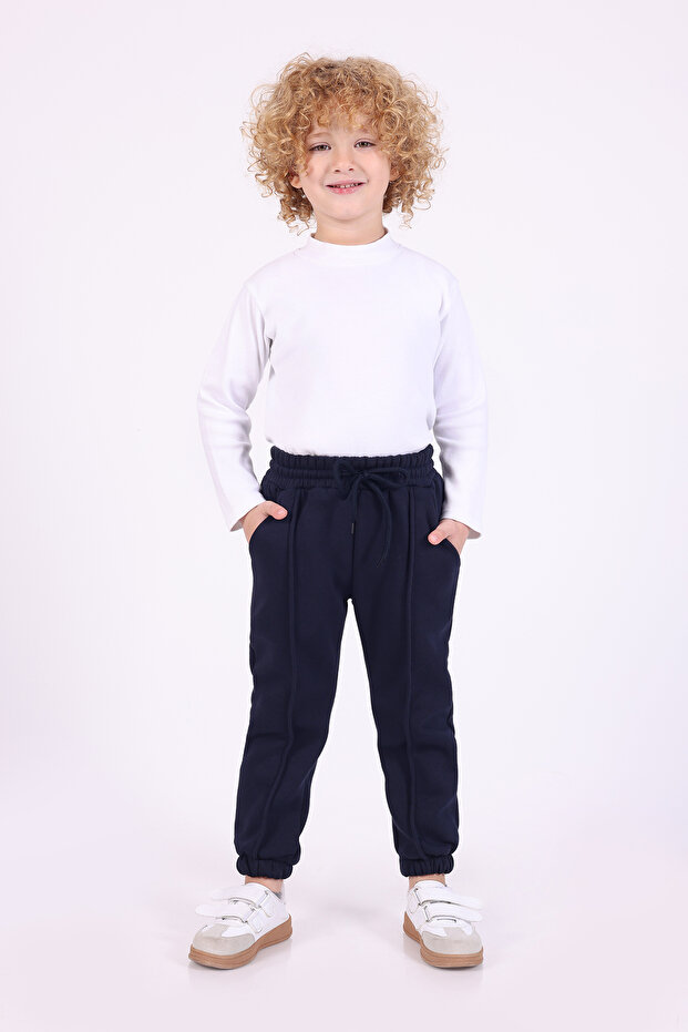 Winter Fleece-Lined 3-Thread Navy Blue Sweatpants with Pockets for Boys and Girls