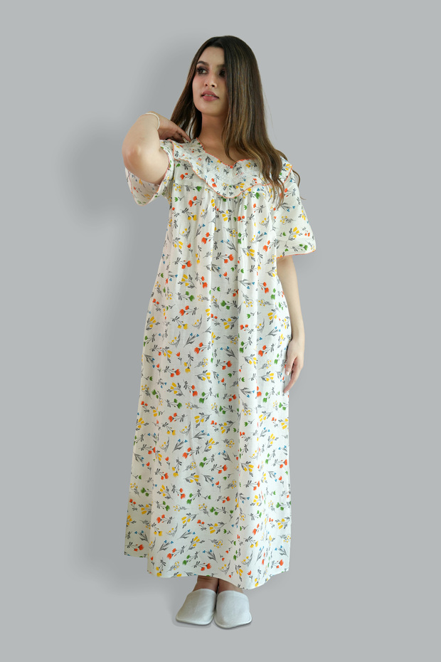 Printed Cotton Multicolor Nighty - Lace Neck