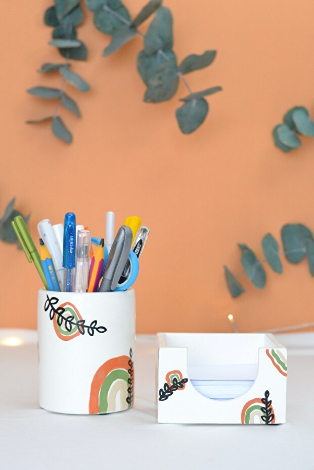Boho Double Office Set | Round Pen Holder and Notepad Holder | Desktop Organizer Set