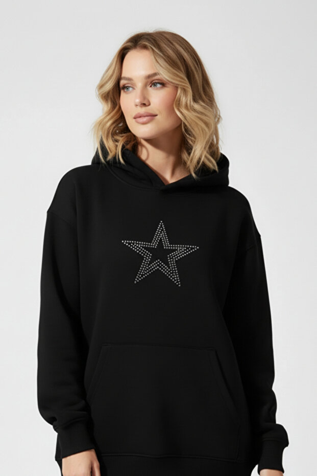 Star Printed Hooded Oversize Unisex Swetshirt