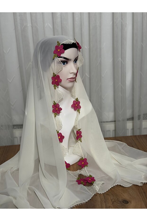 İğne oyası şal pembe çiçek - 1