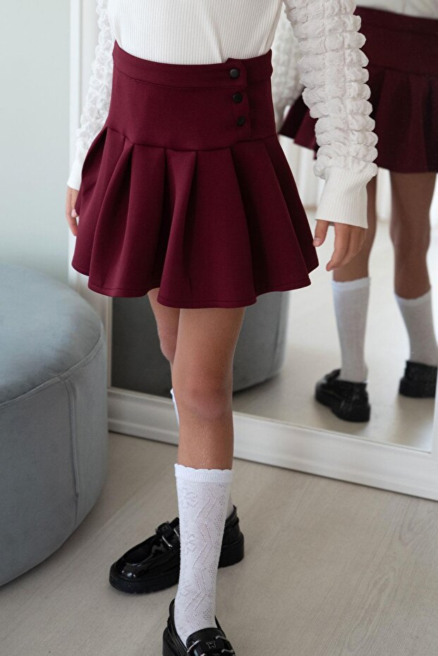 Girl's Mini Skirt with Pleated Snap Detail, Age 7-12, Claret Red