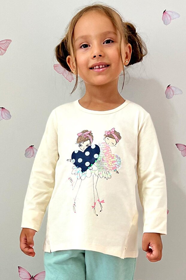 Girl's Long Sleeve T-Shirt Sequined Girl Printed 2-6 Years, Cream
