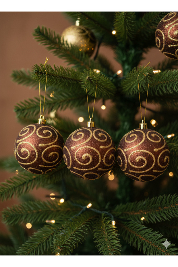 3 Pieces Christmas Tree Ball Ornament (8 cm) - Luxury Tree Decoration Set with Coffee and Gold Foil Pattern