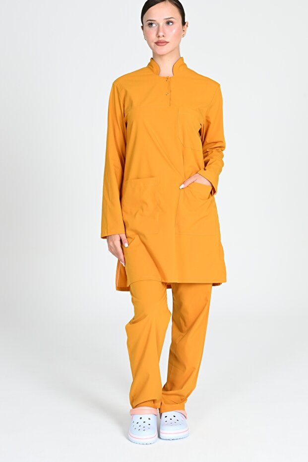 Hijab Mustard Stretch Fabric Cotton Doctor Nurse Uniform Scrubs Suit