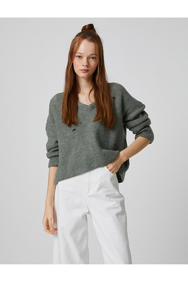 V Neck Knitwear Sweater Long Sleeve Lace-Like Knit Knit