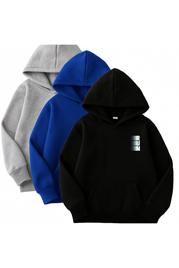 3-Piece Hooded Sweatshirt Set- Minimal Run Printed - Black, Cobalt Blue, Gray - Winter Fleece-Lined Fabric