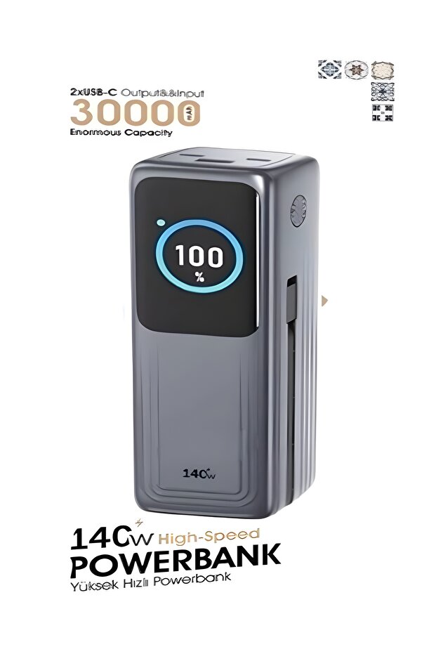 30000mAh 140W Hızlı Şarjlı TFT Ekranlı Kendinden Type-C Kablolu 2Type-C 1USB Girişli Powerbank - 1